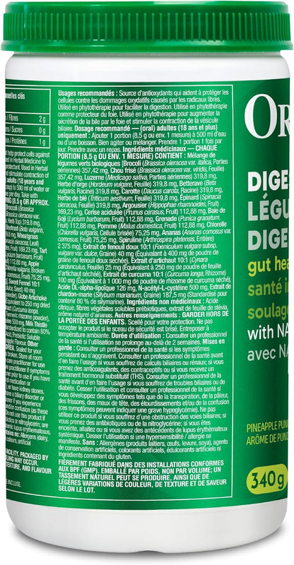 Organika Canadian-Made Digest Greens for Gut Health + Bloat Relief- Organic Greens Powder with NAC and Milk Thistle- Detox, Antioxidants, Digestion and Liver Support - Pineapple Punch Flavour- 340g
