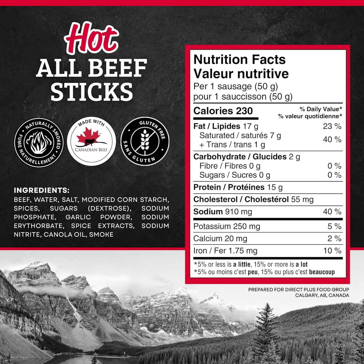 McSweeney's Hot All Beef Meat Stick Box. 100% Made in Canada, High Protein Snacks, Low Carb, Gluten Free, Low Fat, Meat Snacks, Naturally Smoked, Shelf Stable, Bulk Case 50g (Pack of 16)