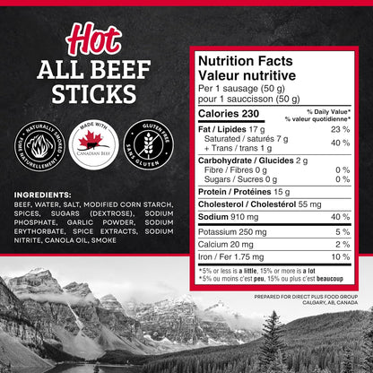 McSweeney's Hot All Beef Meat Stick Box. 100% Made in Canada, High Protein Snacks, Low Carb, Gluten Free, Low Fat, Meat Snacks, Naturally Smoked, Shelf Stable, Bulk Case 50g (Pack of 16)