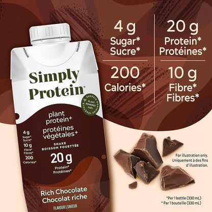 Simply Protein Ready-To-Drink Chocolate Plant Protein Shake, 330mL Bottle, Pack of 4, High Protein & Dark Chocolate Almond Protein Bars, Gluten Free, Vegan, High Protein Snacks, 4 Count