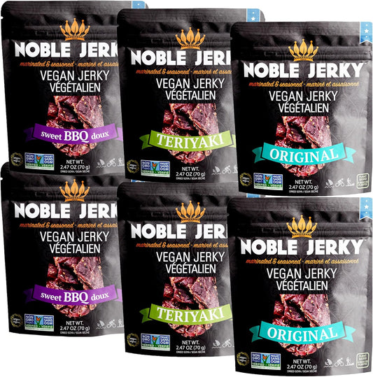 Noble Jerky 素食纯素零食 - 植物基，14 克植物蛋白零食 + 能量，非转基因，不含肉，非常适合办公室或午餐袋，多种口味 6 包（2 包烧烤味、2 包照烧味、2 包原味），70 克/包