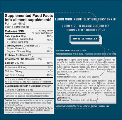 CLIF BUILDERS 蛋白棒，巧克力曲奇饼干口味，20 克蛋白质，加拿大制造，无麸质，无人工香料，68 克（6 包），加拿大制造