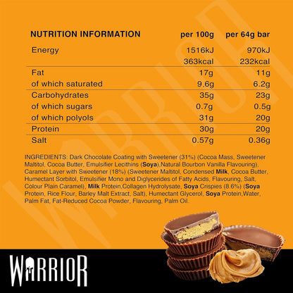 Warrior Crunch - High Protein Bars - 20g Protein Each Bar - Low Carb, Low Sugar Snack - 12 Pack x 64g - Dark Chocolate Peanut Butter