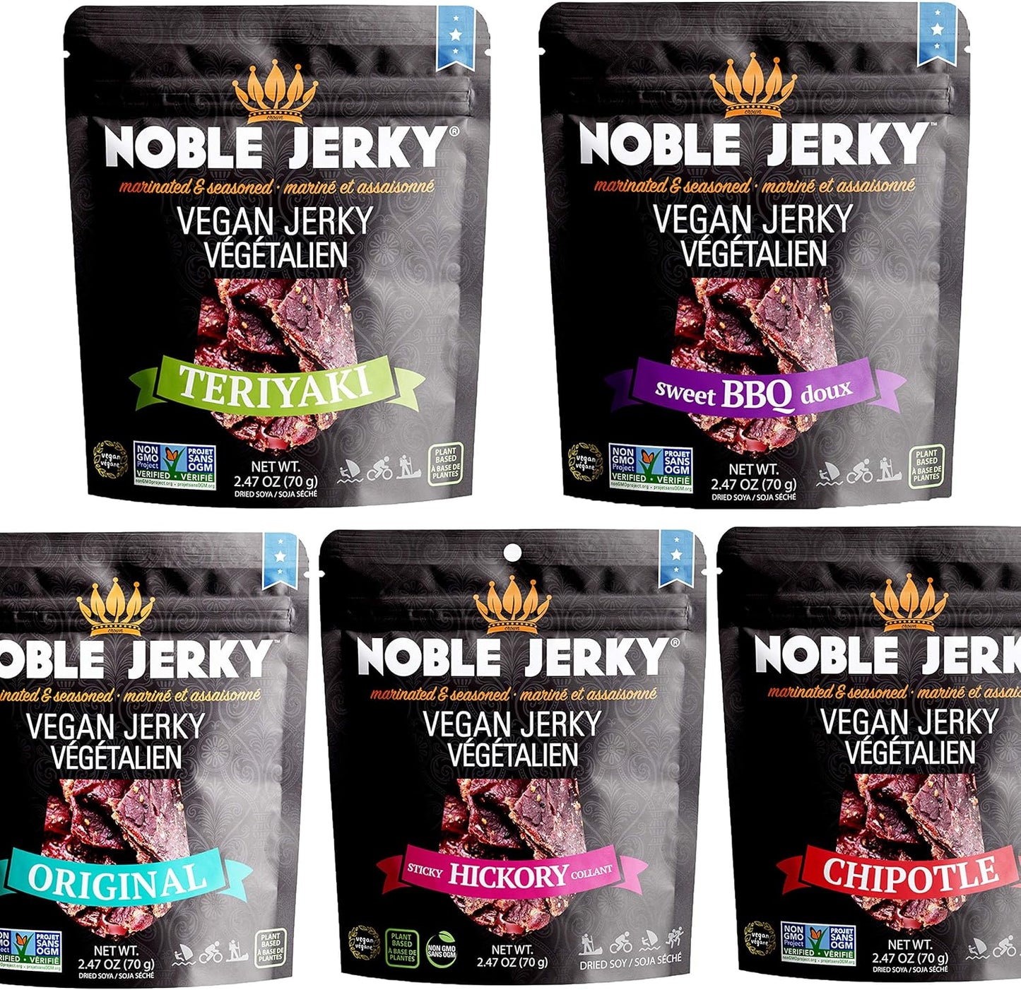 Noble Jerky – Vegan Jerky Variety Pack, Plant-Based Protein Snack, 14g Protein Per Bag, Vegetarian, Non-GMO, Healthy Snack, 5 Pack (70g Bags, Teriyaki, Chipotle, Original, BBQ, Hickory)