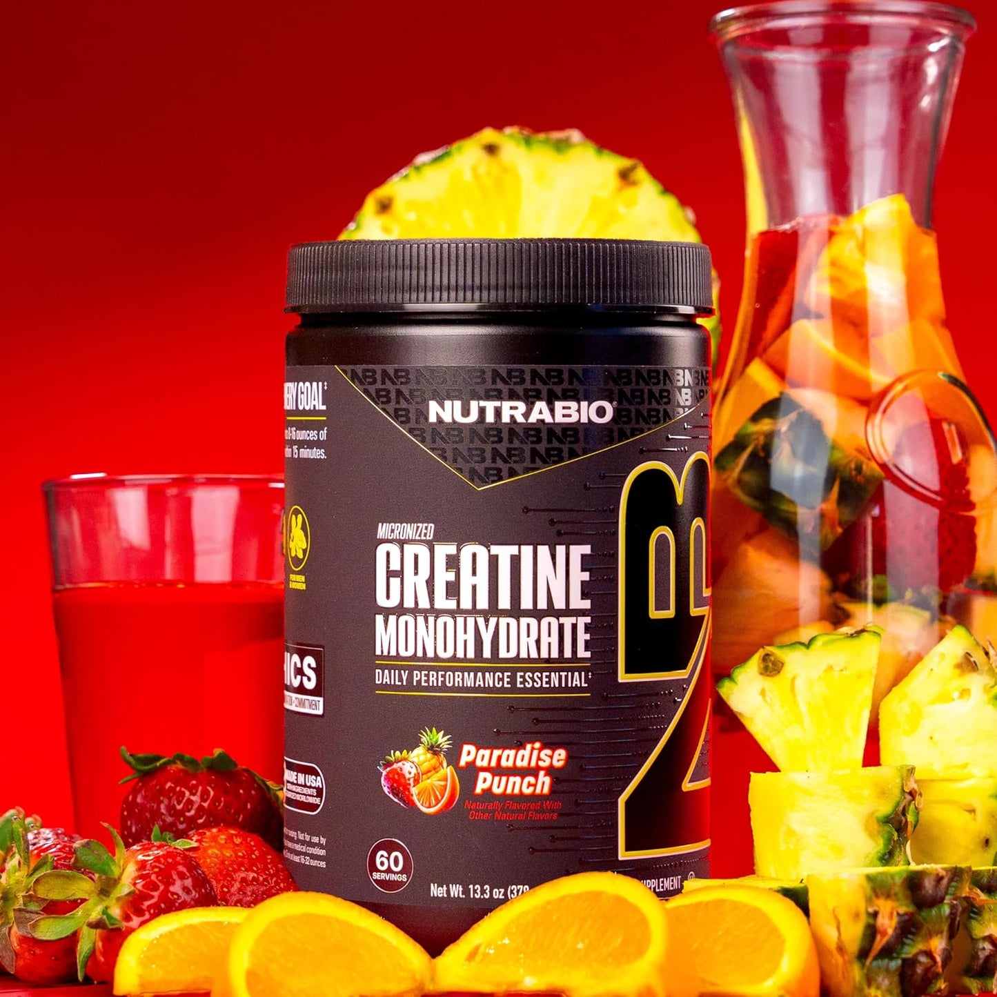 NutraBio Pure Micronized Creatine Monohydrate Powder Supplement,Paradise Punch Burst,(378g)