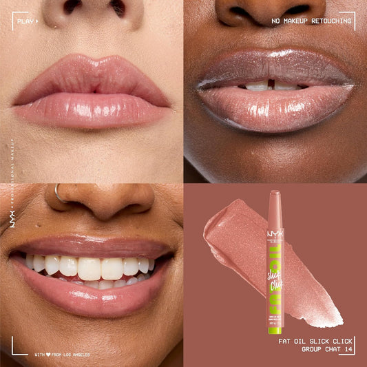 NYX 專業彩妝 Fat Oil Slick Click，潤唇膏，12 小時保濕，注入滋養油，高光澤效果，可疊加顏色，顏色：Group Chat（香檳珍珠）