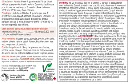 Jamieson 维生素 D3 2,500 IU 软糖，水蜜桃口味，有助于预防维生素 D 缺乏症和骨质疏松症，增强免疫力，强健骨骼和牙齿。素食，不含人工香料、色素或防腐剂……