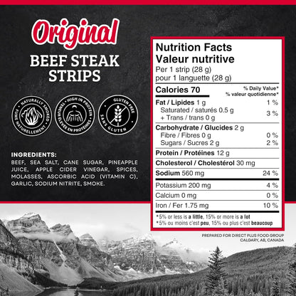 McSweeney's Original Beef Steak Strips Box. 100% Made in Canada, Naturally Smoked, High Protein Snacks, Gluten Free, Meat Snacks, Shelf Stable, Bulk Case 28g (Pack of 12)