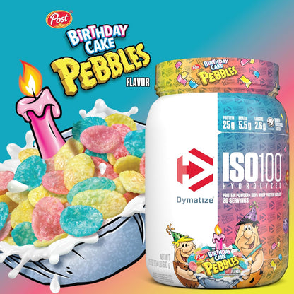 Dymatize ISO100 Hydrolyzed Protein Powder, 100% Whey Isolate Protein, 25g of Protein, 5.5g BCAAs, Gluten Free, Fast Absorbing, Easy Digesting, Birthday Pebbles, 20 Servings