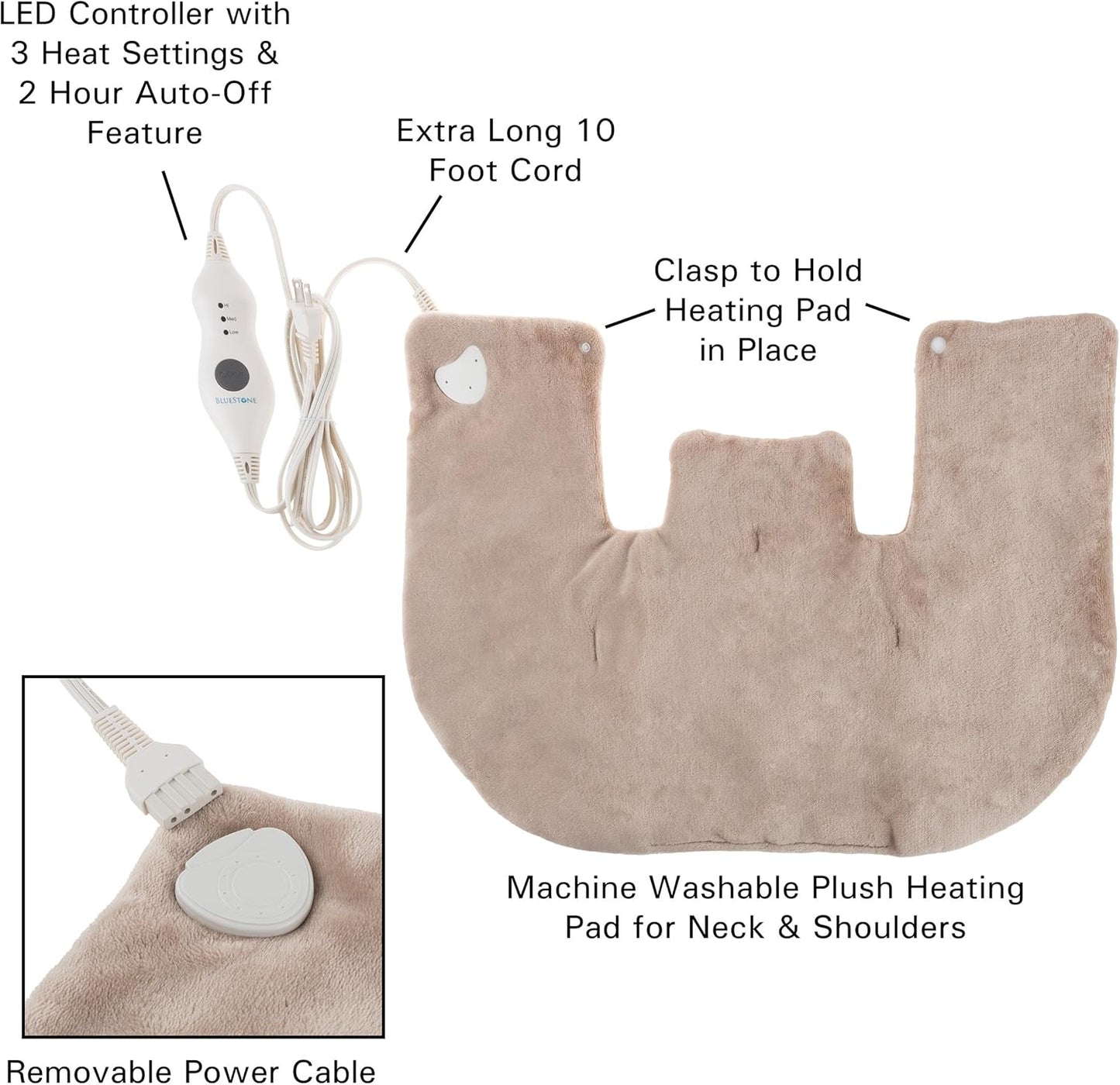 电动颈部/肩部保暖器 - 加热垫，带 3 种设置、自动关闭、前扣和长可拆卸线 - Bluestone 柔软毛绒加热包（棕褐色）