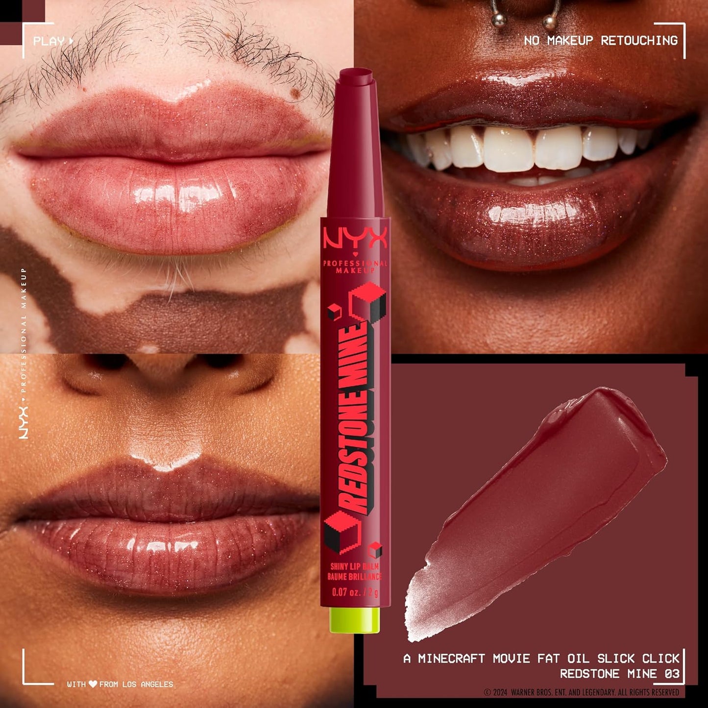 NYX Professional Makeup A Minecraft Movie Fat Oil Slick Click, 12 HR Hydration, Infused with nourishing oils, High-shine Finish, Lip Balm, Shade: Redstone Mine (Red)