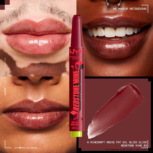 NYX 專業彩妝 A Minecraft Movie Fat Oil Slick Click，12 小時保濕，注入滋養油，高光澤效果，潤唇膏，顏色：Redstone Mine（紅色）