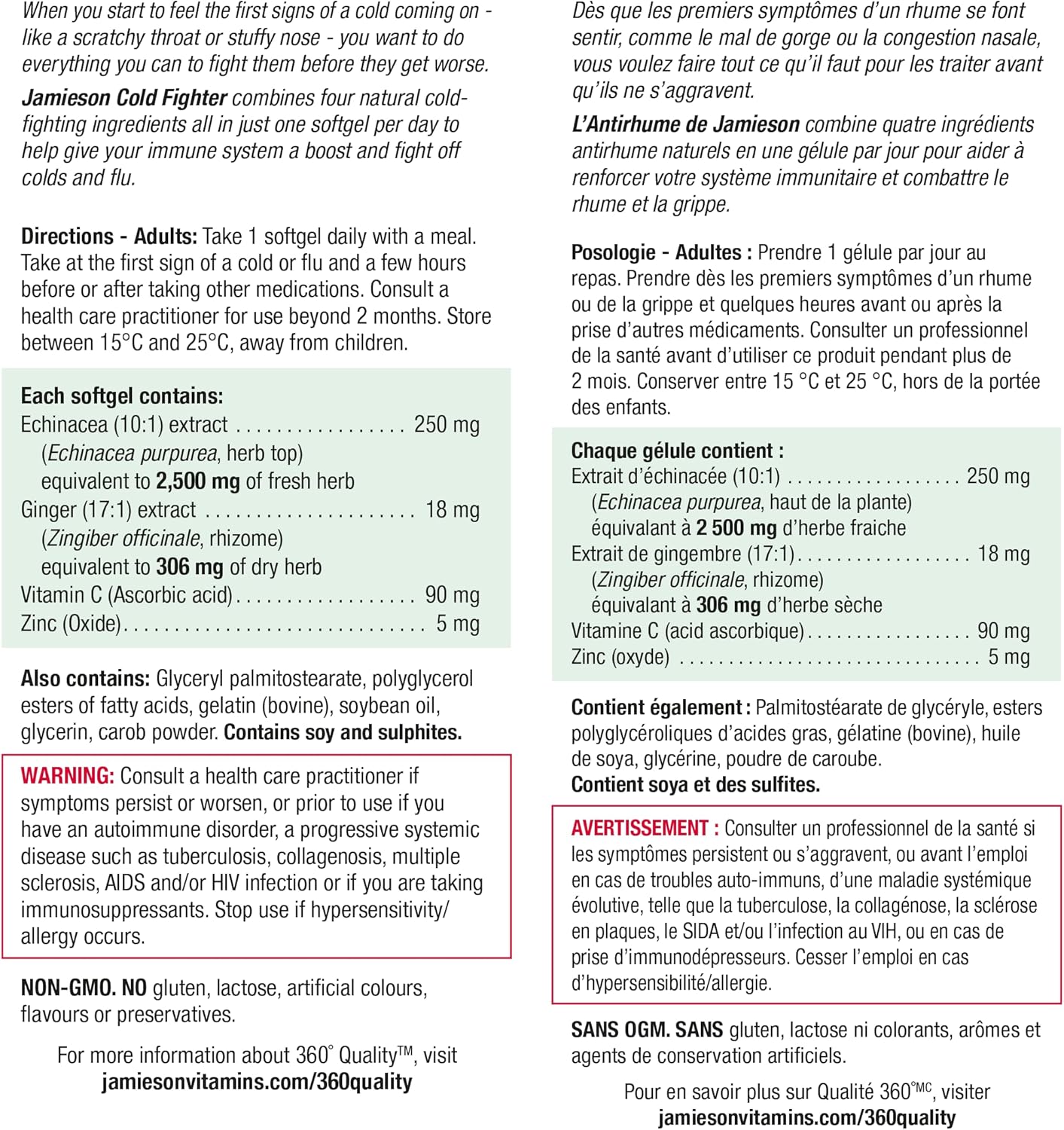 Jamieson 感冒舒缓软胶囊，适用于成人和青少年（10 岁以上）。有助于对抗感冒早期症状，改善感冒症状。添加生姜成分，缓解恶心，非转基因，无麸质，30 粒装