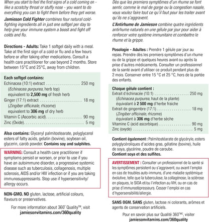 Jamieson 感冒舒缓软胶囊，适用于成人和青少年（10 岁以上）。有助于对抗感冒早期症状，改善感冒症状。添加生姜成分，缓解恶心，非转基因，无麸质，30 粒装
