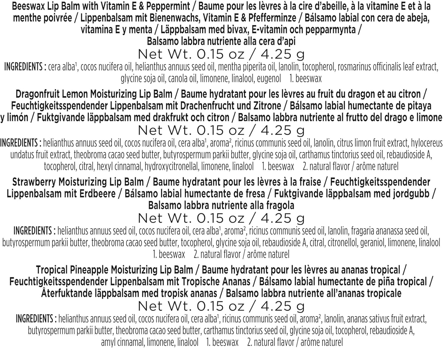Burt’s Bees 盛开润唇膏套装 - 男女通用，4 件装（原味蜂蜡、火龙果柠檬、热带菠萝、草莓）每件 0.15 盎司