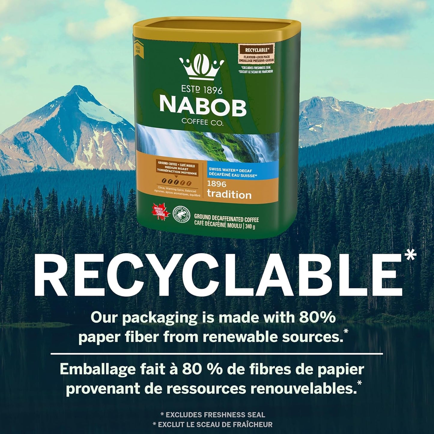 Nabob 中度烘焙瑞士脱咖啡因 1896 传统研磨咖啡，340 克罐装