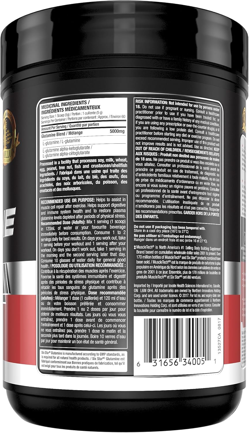 Six Star 谷氨酰胺粉，Six Star L 谷氨酰胺粉，运动后肌肉恢复补充剂，男女适用 L-谷氨酰胺粉，谷氨酰胺补充剂，无味（60 份），300 克（1 包）