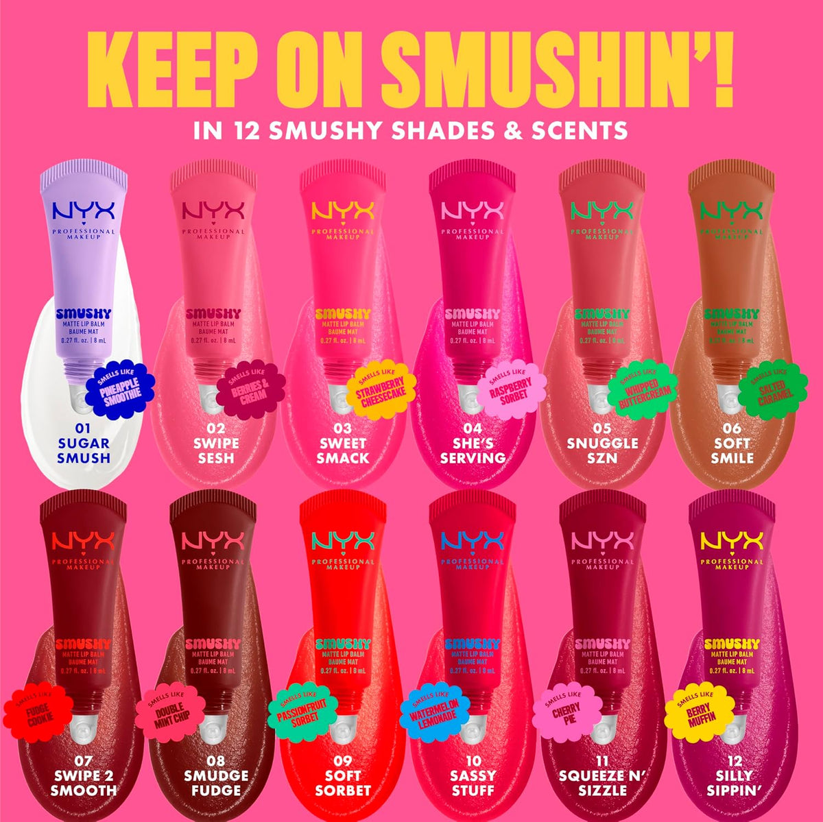 NYX Professional Makeup Smushy Matte Lip Balm, Soft Diffused Color, With Mochi Rice Powder, Watermelon Lemonade Scent, Shade: Sassy Stuff (Watermelon Pink)