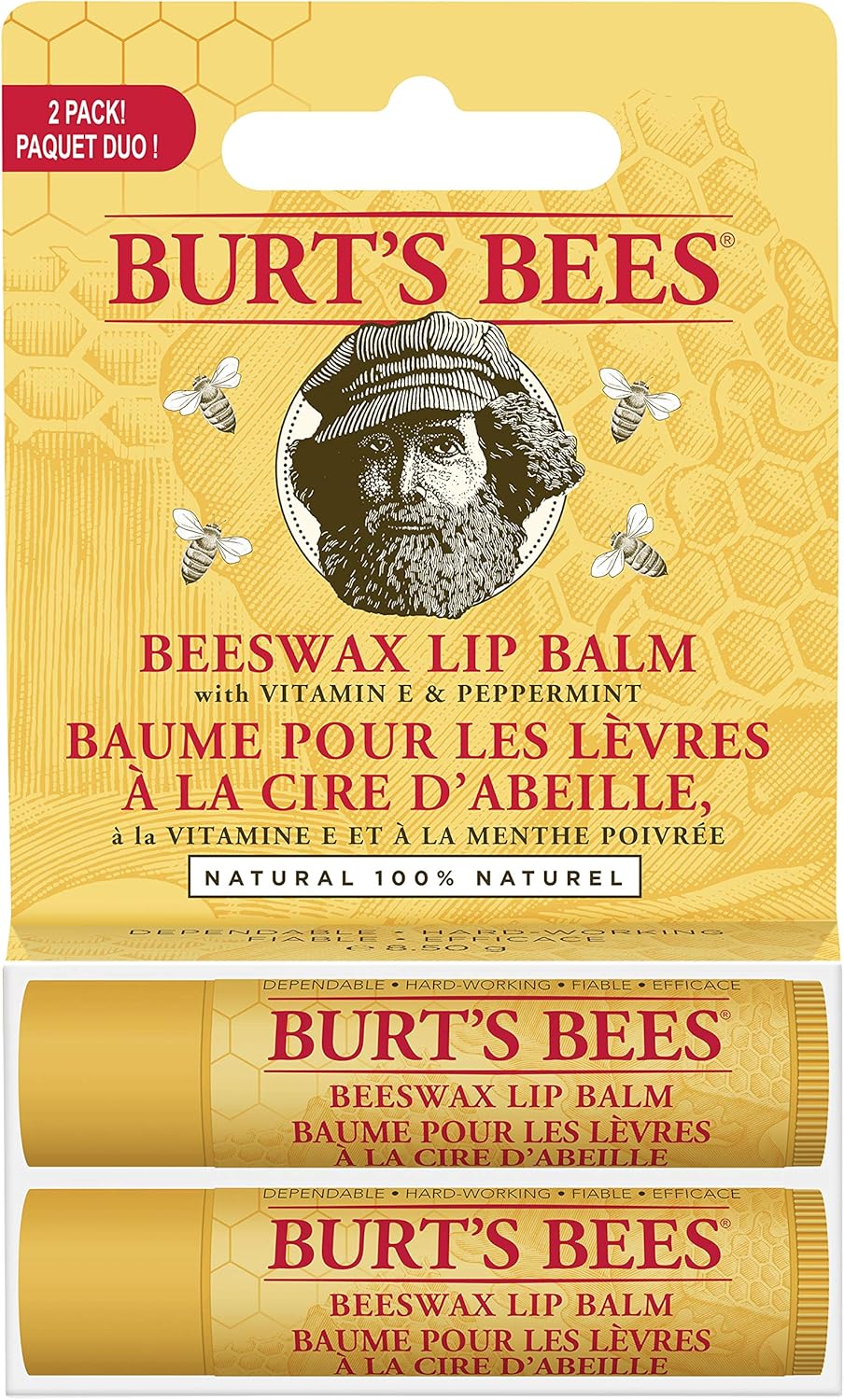 Burt's Bees 100% 天然保湿润唇膏，适用于干裂嘴唇，令双唇柔软水润 - 2 支装 - 原装蜂蜡唇部修复