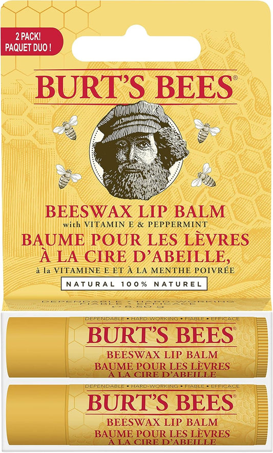 Burt's Bees 100% 天然保湿润唇膏，适用于干裂嘴唇，令双唇柔软水润 - 2 支装 - 原装蜂蜡唇部修复