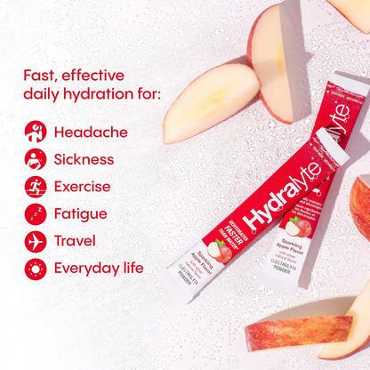 HydraLyte Electrolyte Powder, Low Sugar Electrolyte Sticks Designed for Rapid Hydration, Safe Hydration for All Ages - Made with All Natural Ingredients, 12 Servings, Sparkling Apple Flavour