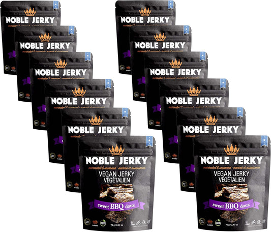 Noble Jerky 素食肉干烧烤味 - 12 包（70 克/袋），14 克植物蛋白，非转基因，无肉，适合办公室、健身房和午餐盒的健康高蛋白零食