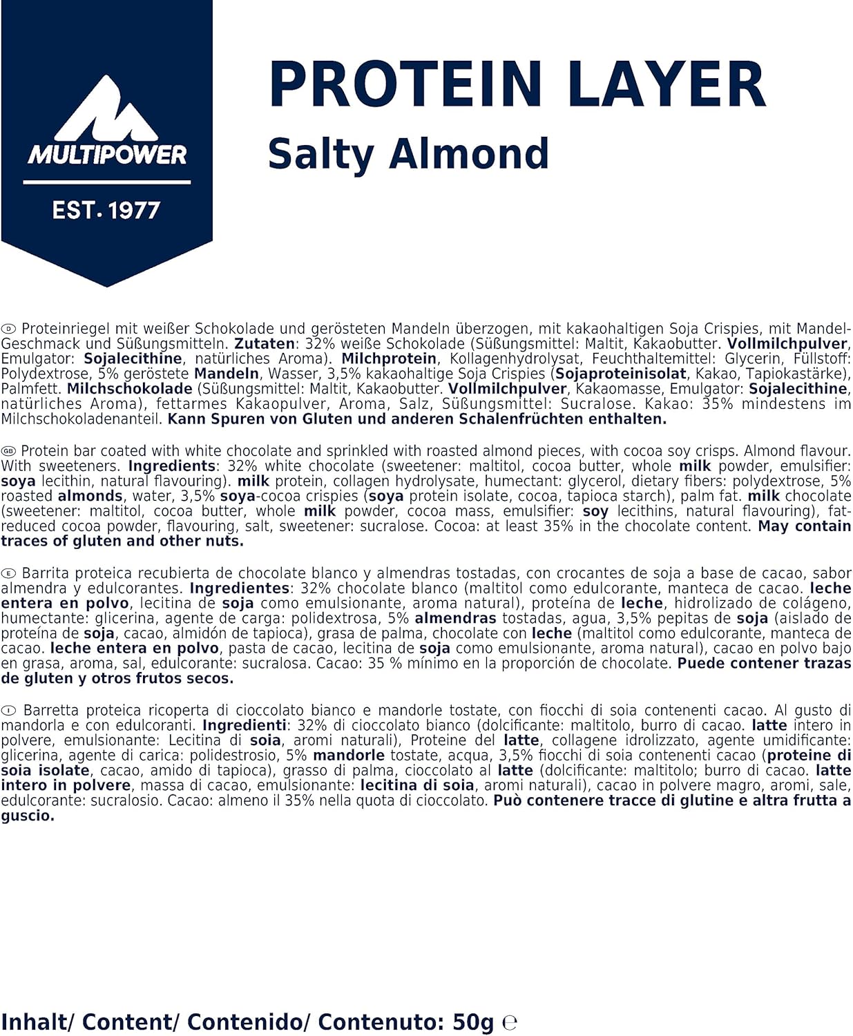 Multipower Protein Layer Bar - White Chocolate Salty Almond Flavor - High-Protein Multi-Layer Snack - 50g Bars (18 Pack)