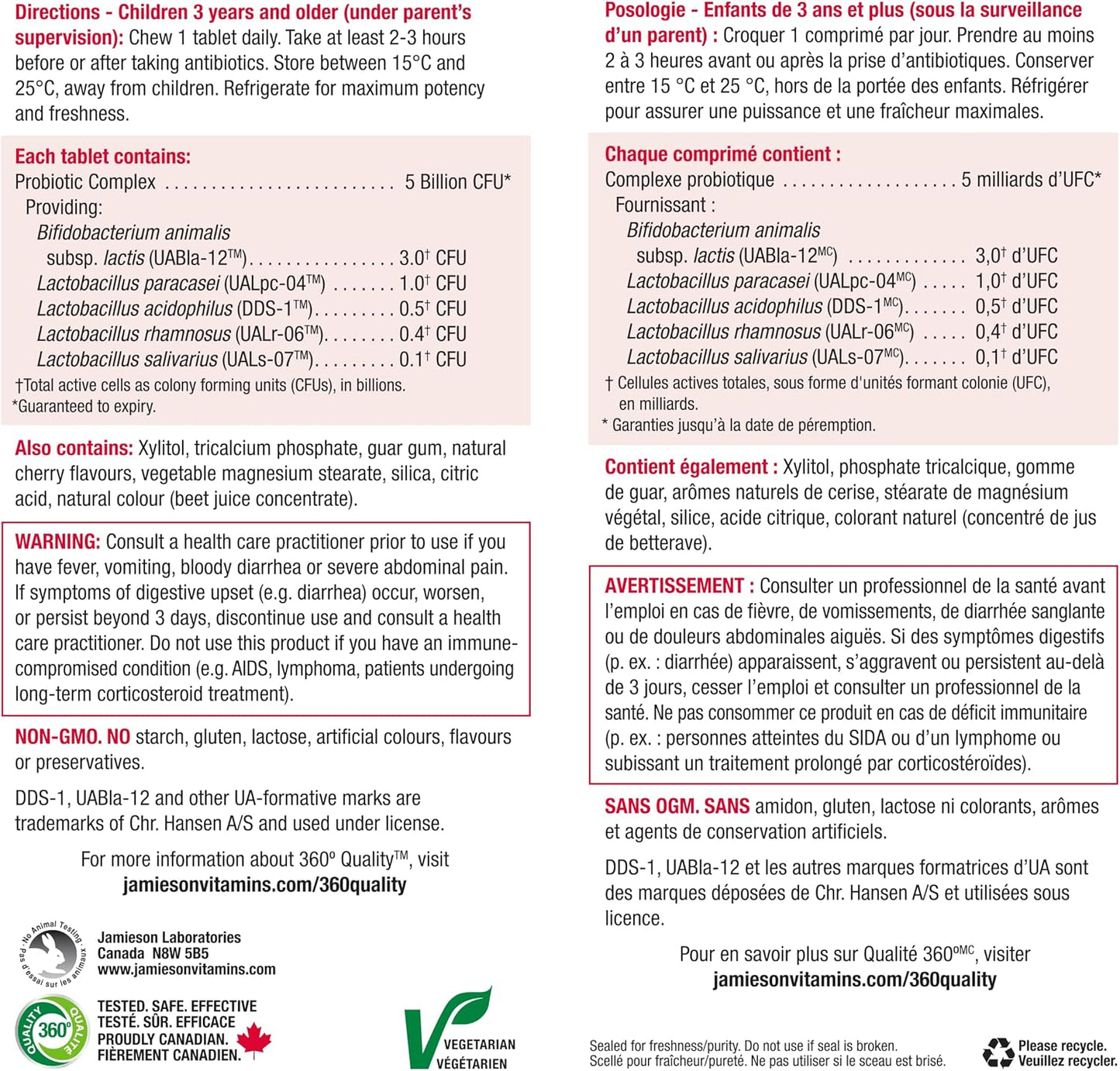 Jamieson 兒童咀嚼益生菌，50億菌落形成單位，天然櫻桃味，有益消化和腸道健康，支持腸道菌叢健康。富含雙歧桿菌和乳酸桿菌，非基因改造，不含人工色素、香精或…