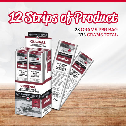 McSweeney's Original Beef Steak Strips Box. 100% Made in Canada, Naturally Smoked, High Protein Snacks, Gluten Free, Meat Snacks, Shelf Stable, Bulk Case 28g (Pack of 12)