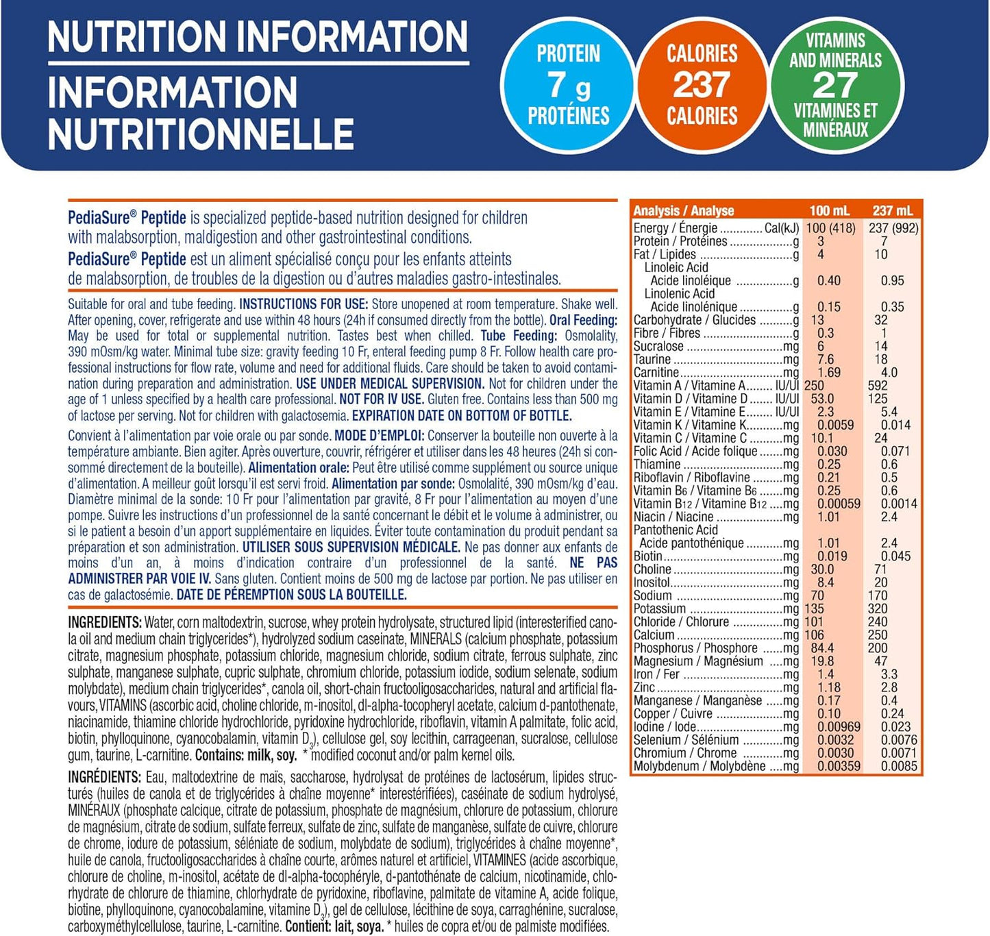 PediaSure 肽 1 卡路里配方液体饮食，香草味，24 粒，5688 毫升