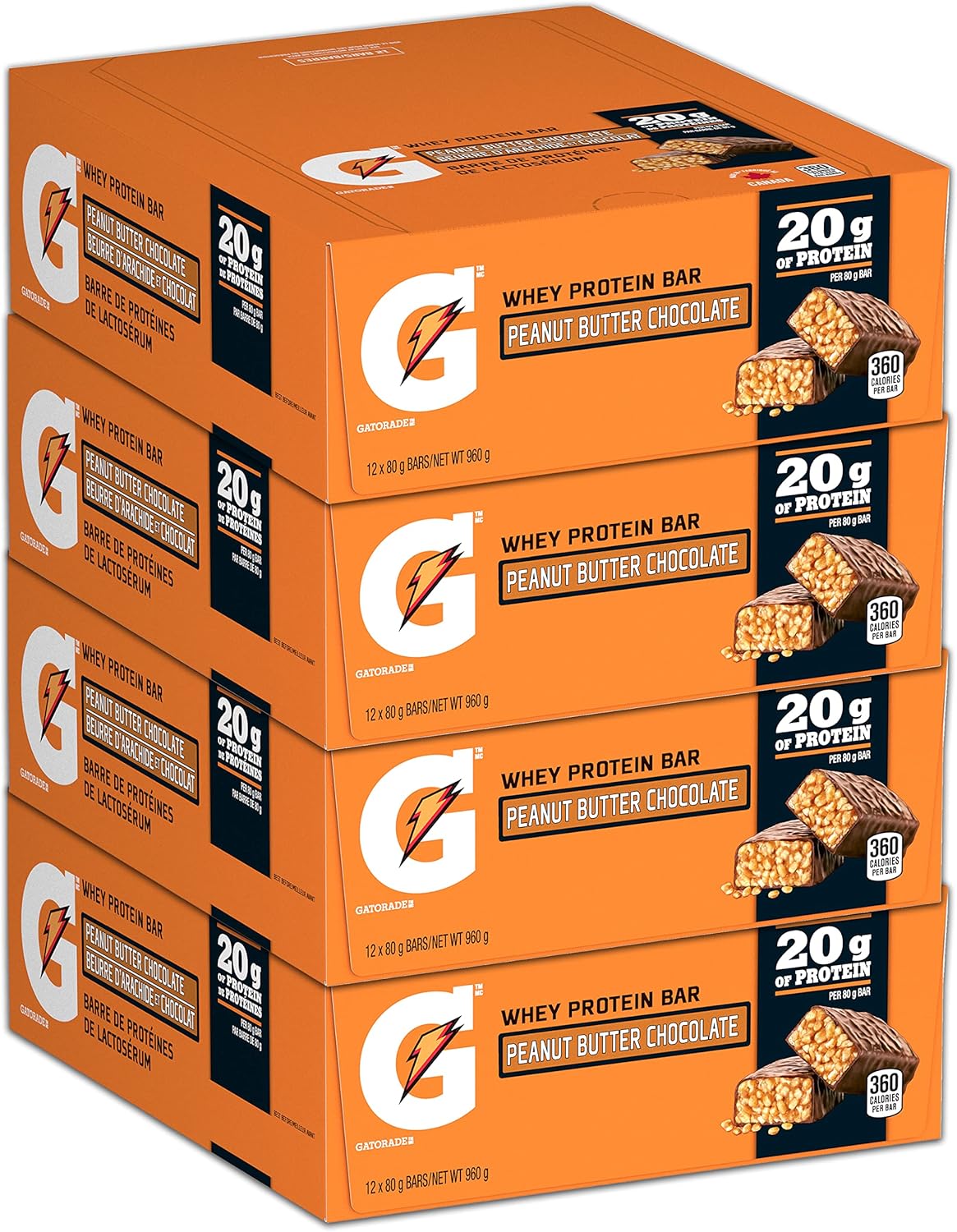 Gatorade Whey Protein Bar - Peanut Butter Chocolate, Multi-Pack, 12 Bars, 960 g (Pack of 4)