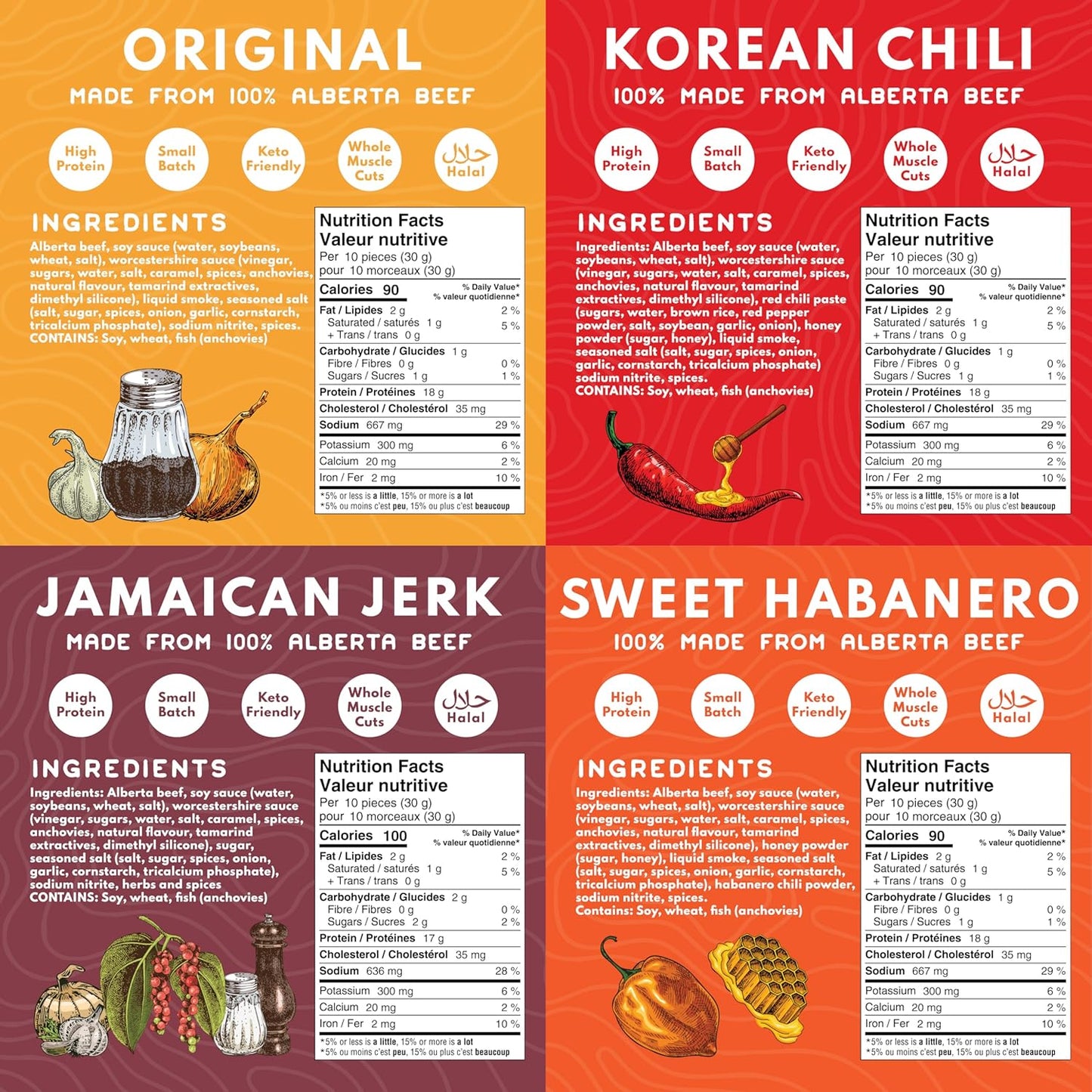 Twelve Cows 手工牛肉乾什錦裝，全肉優質切塊，阿爾伯塔牛肉，高蛋白，低碳水化合物，清真，生酮 - 57 克（4 包）