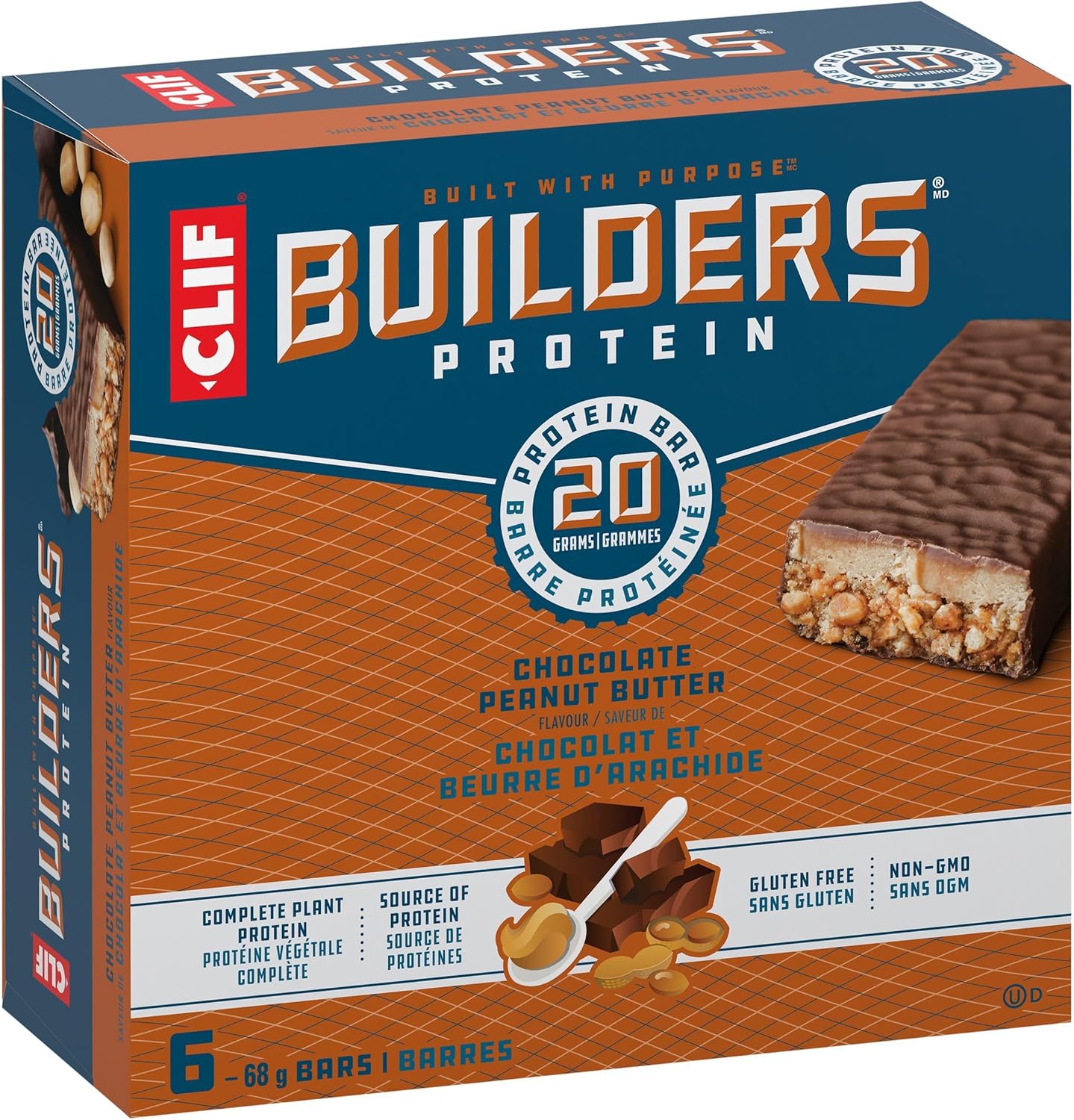 CLIF BUILDERS 蛋白棒，巧克力花生酱味，20 克蛋白质，加拿大制造，不含麸质，不含人工甜味剂，68 克（6 包）