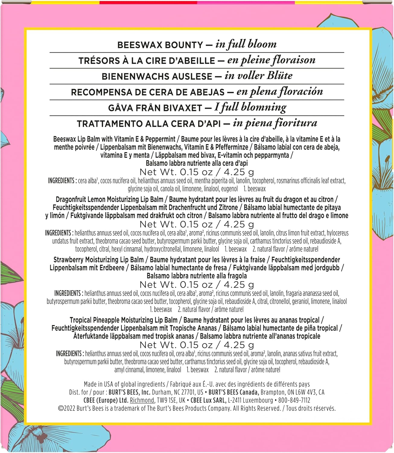 Burt’s Bees 盛开润唇膏套装 - 男女通用，4 件装（原味蜂蜡、火龙果柠檬、热带菠萝、草莓）每件 0.15 盎司