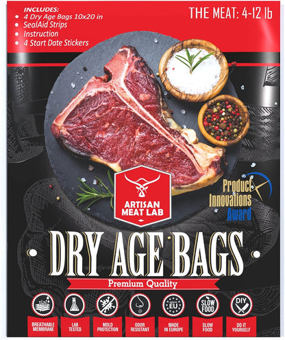 干式熟成袋透气膜套件，轻松制作美味的DIY熟成牛排。4件干式熟成袋套装 25x50厘米（10x20英寸）1-5公斤（2-12磅） - Artisan Meat LAB