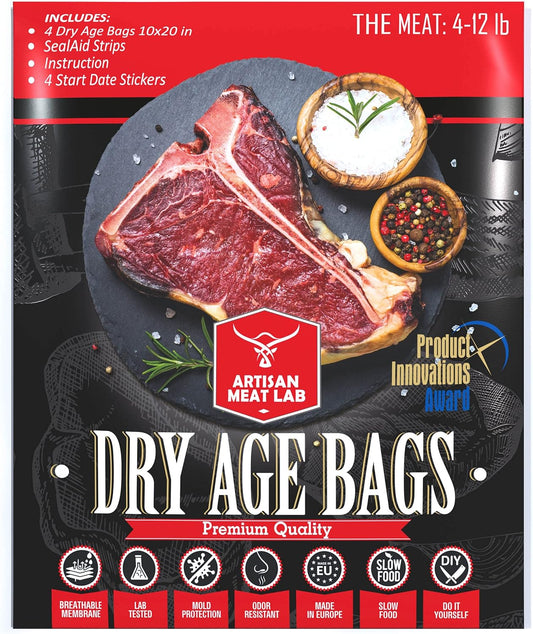 干式熟成袋透气膜套件，轻松制作美味的DIY熟成牛排。4件干式熟成袋套装 25x50厘米（10x20英寸）1-5公斤（2-12磅） - Artisan Meat LAB
