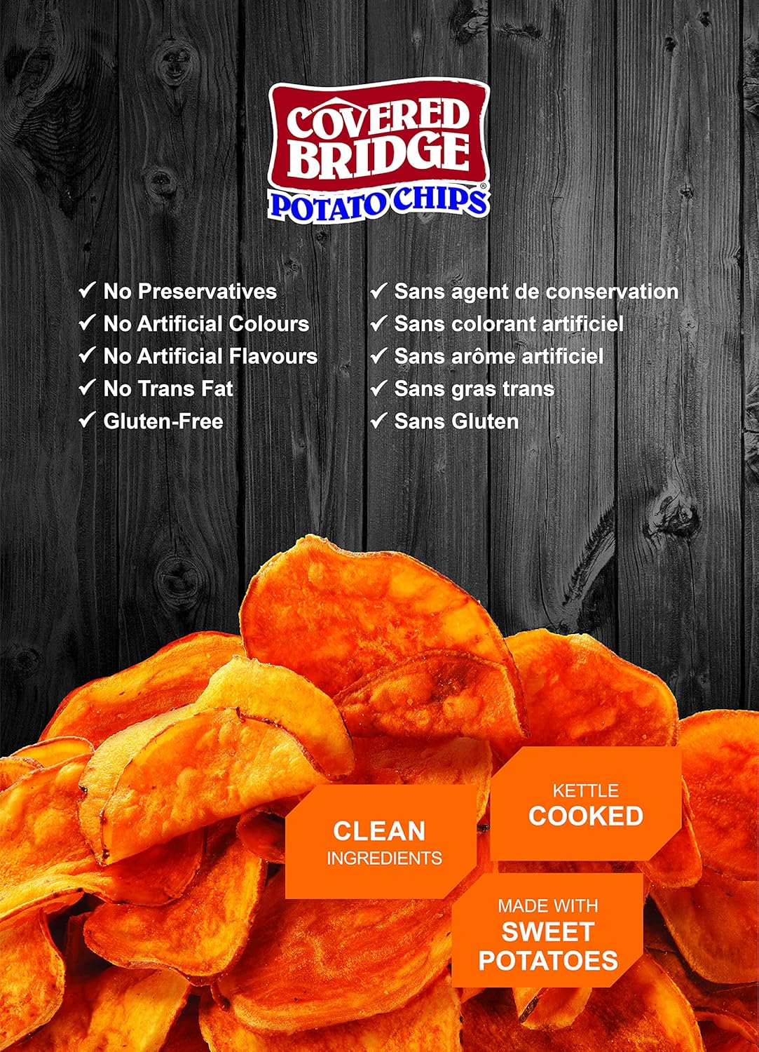 Covered Bridge Chips 薯片 - 红薯和海盐薯片 - 无麸质，犹太洁食认证，红薯水壶烹制，加拿大制造，12 片装，每袋 142 克