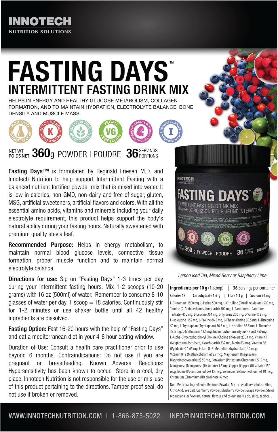 Innotech Nutrition Fasting Days 間歇性斷食飲料混合物 - 覆盆子青檸口味 - 360克