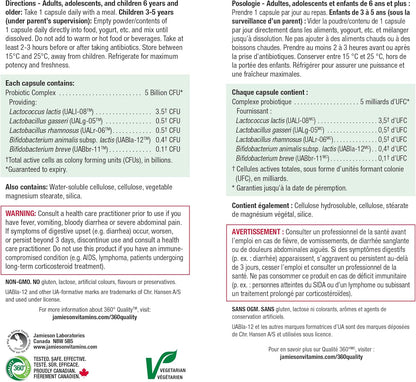 Jamieson 益生菌 50 億活性細胞，加量裝，支持消化系統健康和微生物多樣性。 5 種獨特菌株，包括乳酸桿菌和雙歧桿菌，非基因改造，無麩質，72 粒素食膠囊