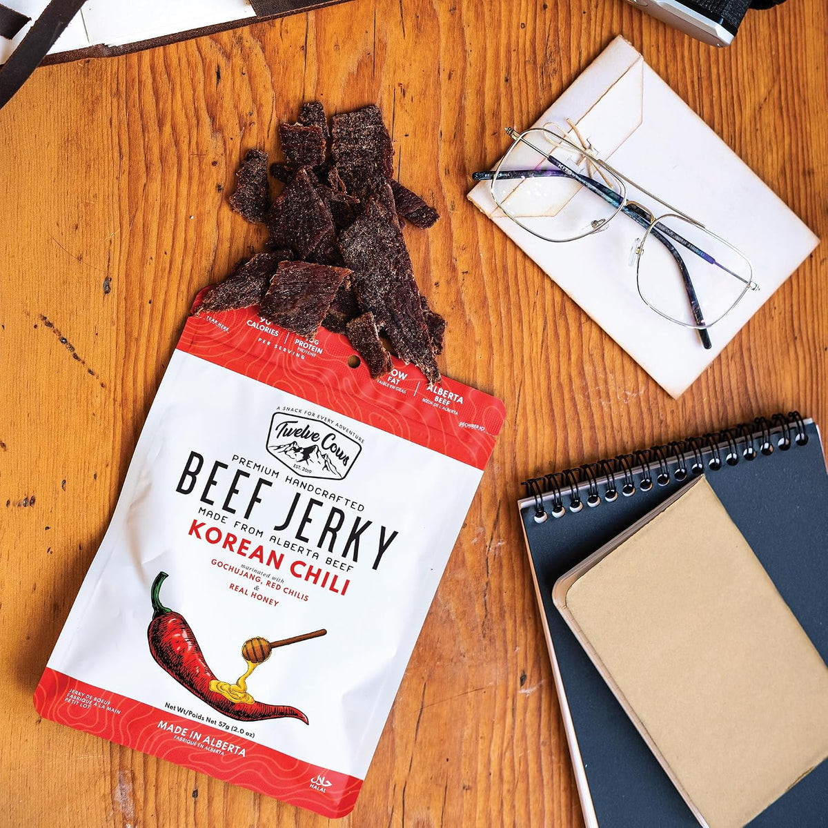 Twelve Cows Handcrafted Beef Jerky Korean Chili, Whole Muscle Premium Cuts, Alberta Beef, High Protein, Low Carb, Halal, Keto - 57g (1 Pack)