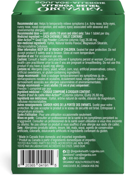 Organika 加拿大制造过敏缓解片 - 26 毫克鹌鹑蛋，经临床研究，天然来源，日夜使用，缓解眼痒、鼻塞、流鼻涕 - 每日仅需 1 片 - 60 片