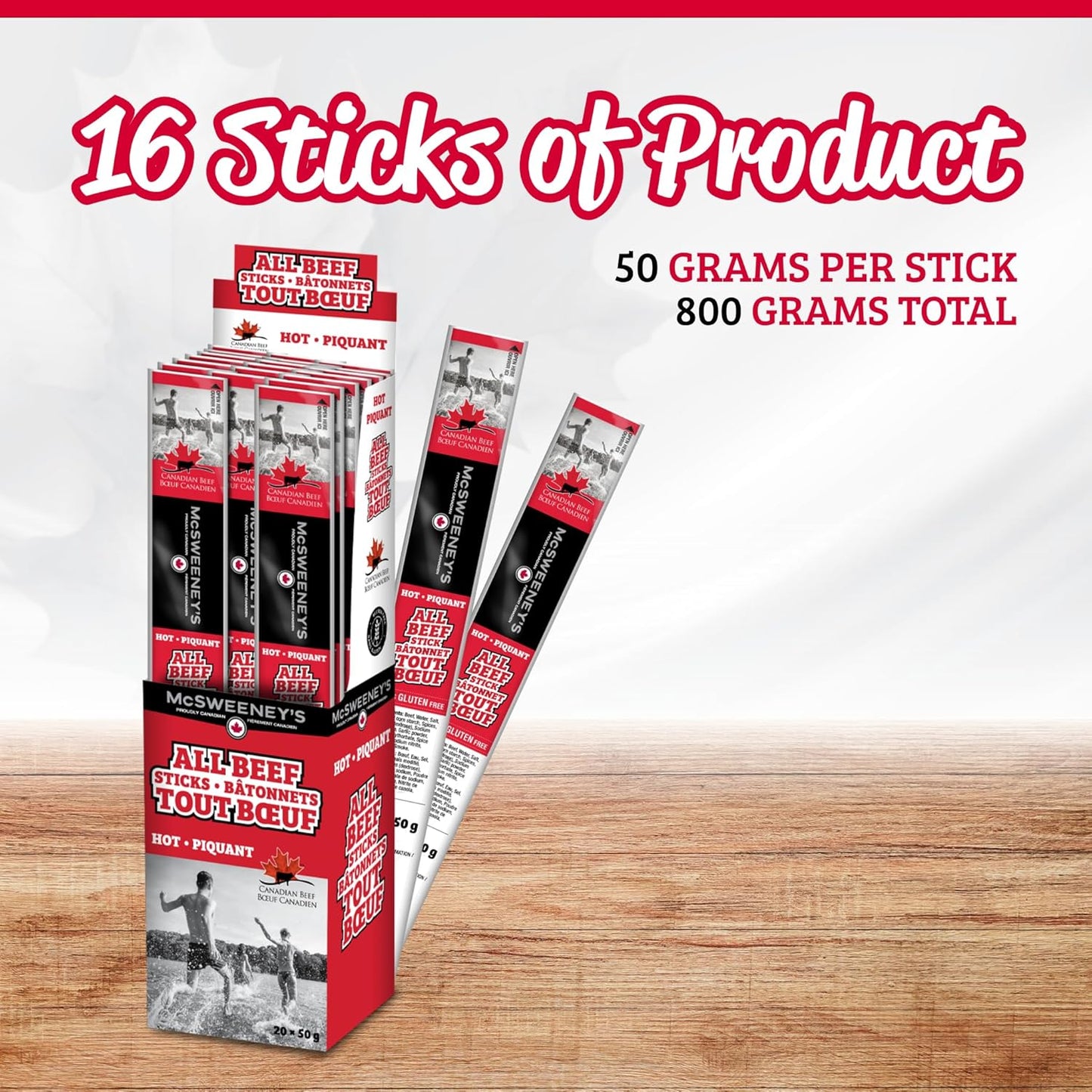 McSweeney's Hot All Beef Meat Stick Box. 100% Made in Canada, High Protein Snacks, Low Carb, Gluten Free, Low Fat, Meat Snacks, Naturally Smoked, Shelf Stable, Bulk Case 50g (Pack of 16)