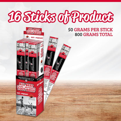 McSweeney's Hot All Beef Meat Stick Box. 100% Made in Canada, High Protein Snacks, Low Carb, Gluten Free, Low Fat, Meat Snacks, Naturally Smoked, Shelf Stable, Bulk Case 50g (Pack of 16)