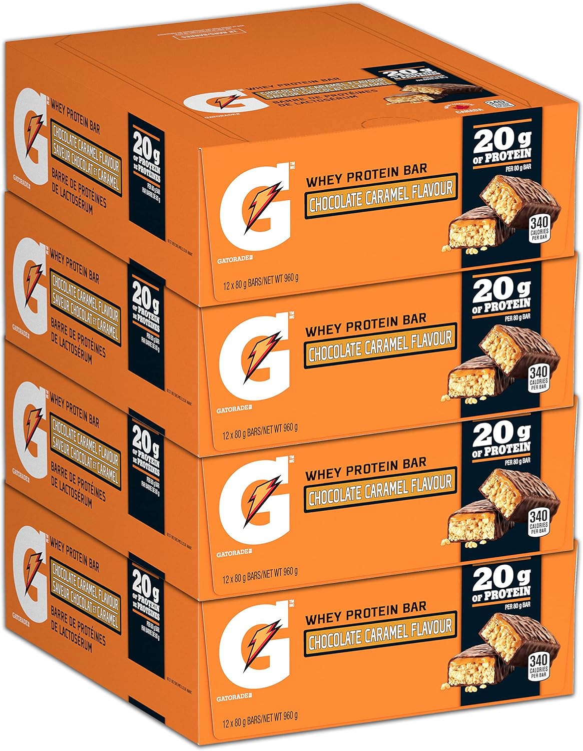 Gatorade Whey Protein Bar - Chocolate Caramel Flavour, Multi-Pack, 12 Bars, 960 g (Pack of 4)