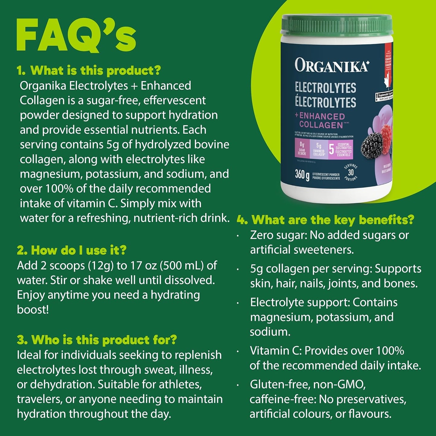 Organika 加拿大製造電解質 + 增強膠原蛋白 - 野莓口味 - 無糖補水 | 5 克蛋白質 + 100% 每日所需維生素 C | 360 克，30 份