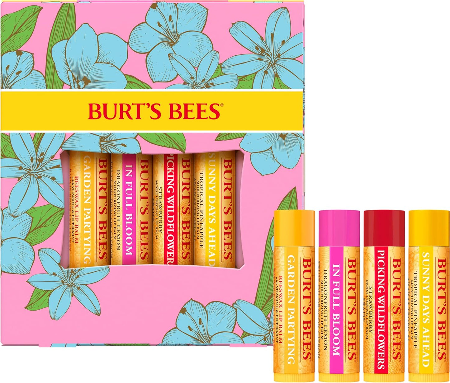 Burt’s Bees 盛开润唇膏套装 - 男女通用，4 件装（原味蜂蜡、火龙果柠檬、热带菠萝、草莓）每件 0.15 盎司