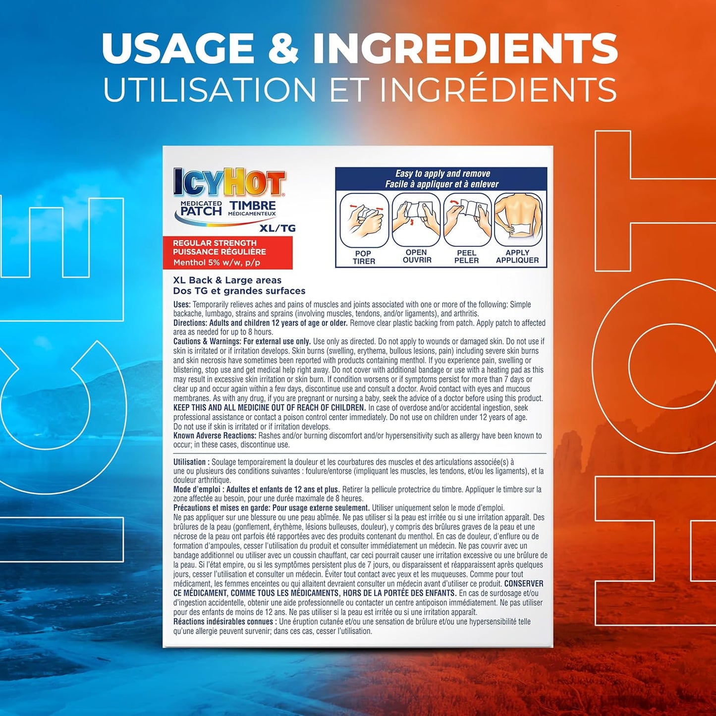 冰热药用加大号止痛贴，大号贴片，用于暂时缓解关节炎、腰痛、背痛和肌肉疼痛，薄荷醇 5%，3 片