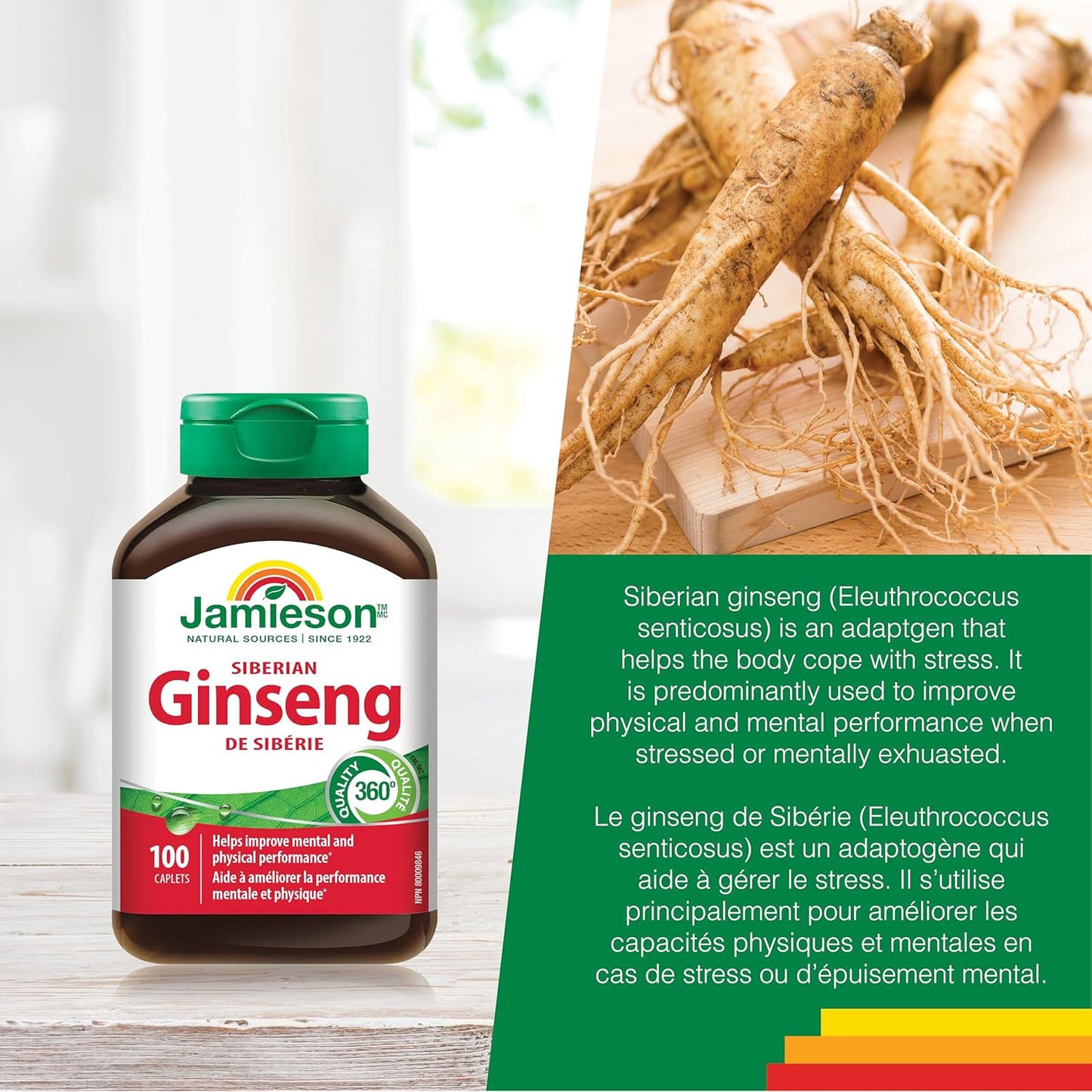 Jamieson Siberian Ginseng, Supports Recovery, Helps Enhance Physical Performance, and Improves Mental Performance. Adaptogen, Non-GMO, Gluten-Free, 100 Vegetarian Caplets, Proudly Canadian