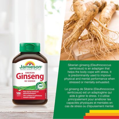 Jamieson Siberian Ginseng, Supports Recovery, Helps Enhance Physical Performance, and Improves Mental Performance. Adaptogen, Non-GMO, Gluten-Free, 100 Vegetarian Caplets, Proudly Canadian