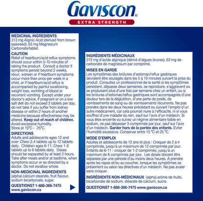Gaviscon Extra Strength Tablets - 25 Count - Chewable Foaming Antacid Tablets for Day and Night Heartburn Relief, Acid Reflux and GERD Relief, Fruit Blend - Free of Aluminum, Lactose and Gluten